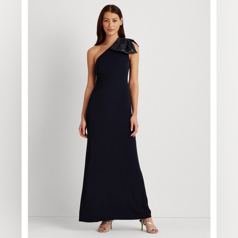 Lauren Ralph Lauren Crepe One Shoulder Evening Gown with Sequined Bow